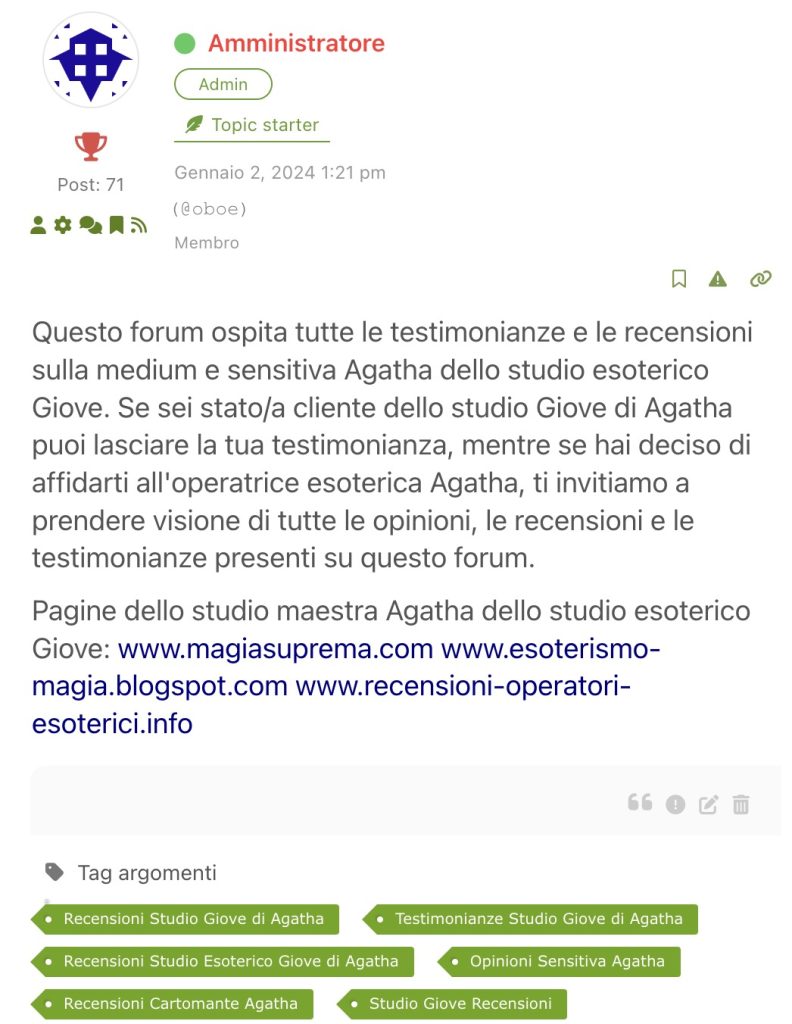 ESPERIENZE, OPINIONI, RECENSIONI E TESTIMONIANZE STUDIO GIOVE DI AGATHA "MAGIA SUPREMA"